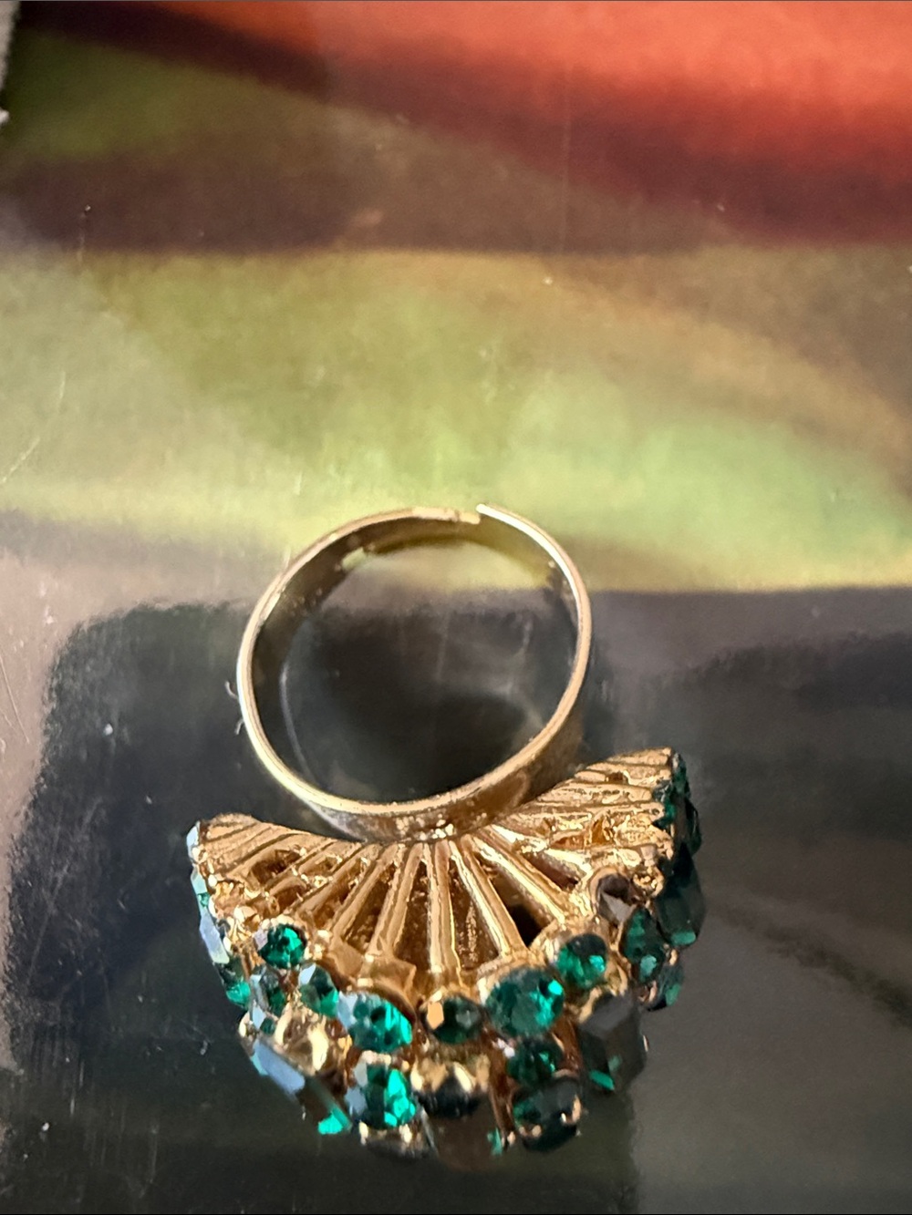 Adjustable Cocktail Ring w/Domed Cluster of Emerald Green Baguettes & Crystals. - Picture 5 of 9